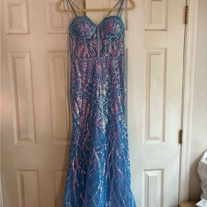 Blue and Pink Sequin Prom Dress